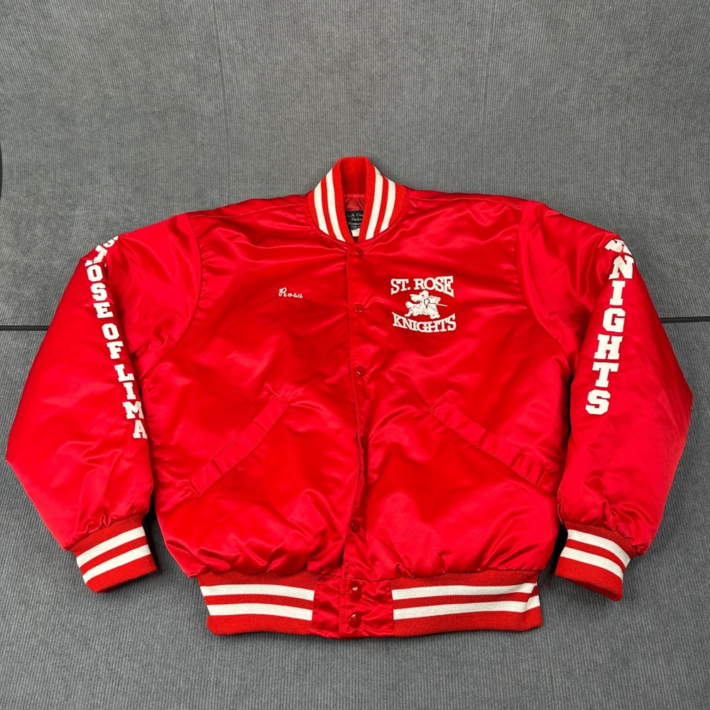 Vintage 1997 St Rose Knights Varsity Satin Bomber Jacket Red Mens Large Rosa Y2K